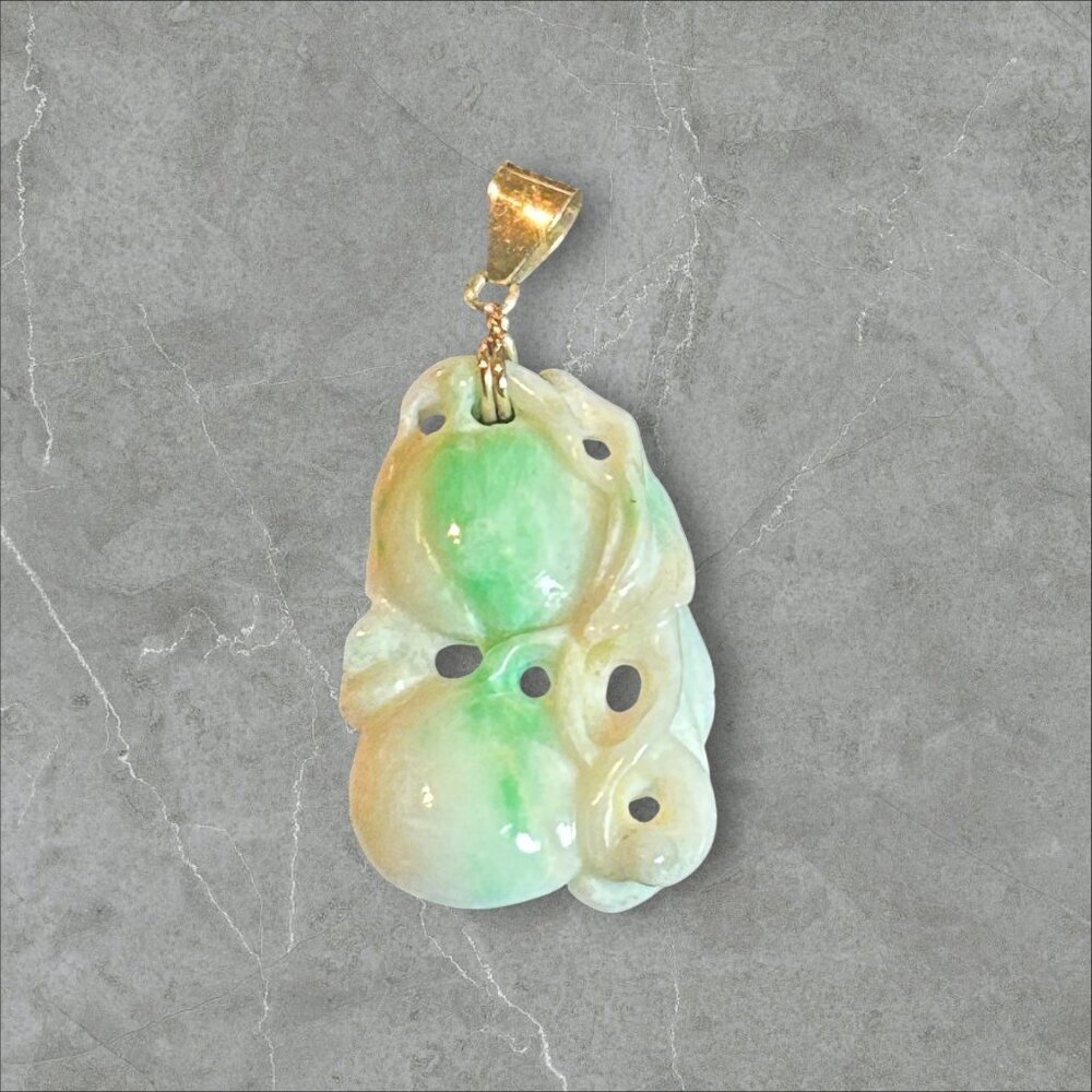Chinese Vintage Hand Carved Jadeite Fruit Pendant Gold Bezel - Picture 5 of 7